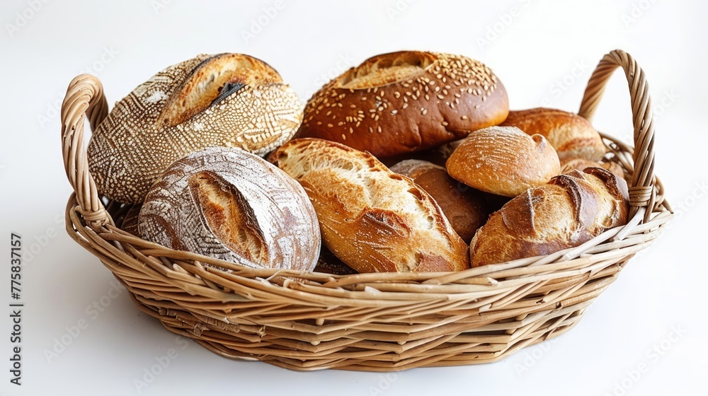 Assorted fresh breads in rustic basket on white