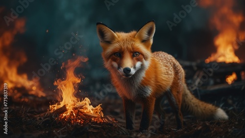 Amidst the Inferno Fox Navigating Through Fire