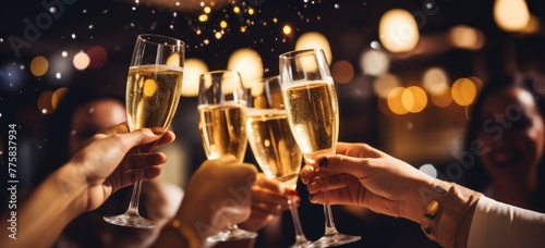 Joyful multiracial friends raise sparkling wine glasses in a heartwarming toast  surrounded by golden bokeh lights.