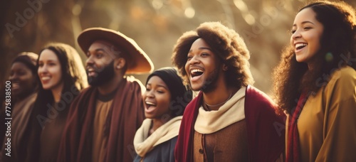 Group of joyful diverse friends enjoying walk in autumnal park. Friendship and diversity. © Postproduction