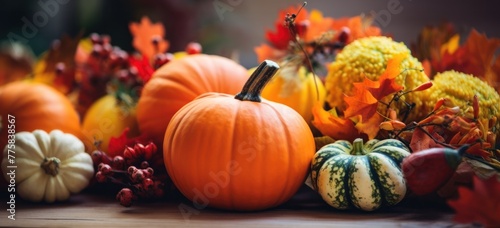 Close-up shot of a decorative arrangement featuring pumpkins and multicolored leaves