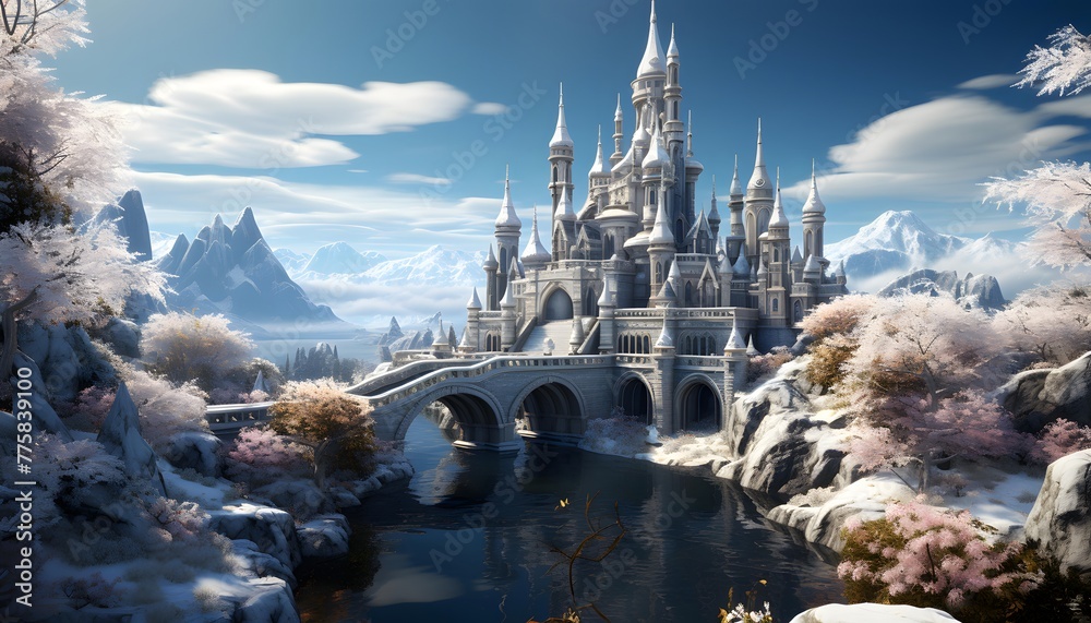 Obraz premium Beautiful fantasy landscape with fantasy castle, river and mountains. Panorama