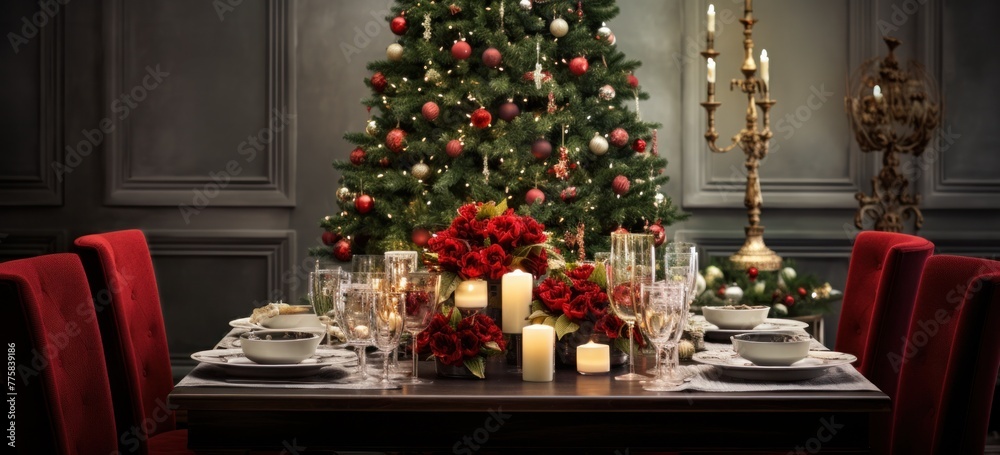 Festive holiday dinner table with a beautifully decorated Christmas tree as a centerpiece. Festive holiday dinner table with a beautifully decorated Christmas tree as a centerpiece.