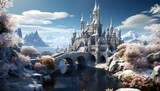 Beautiful fantasy landscape with fantasy castle, river and mountains. Panorama