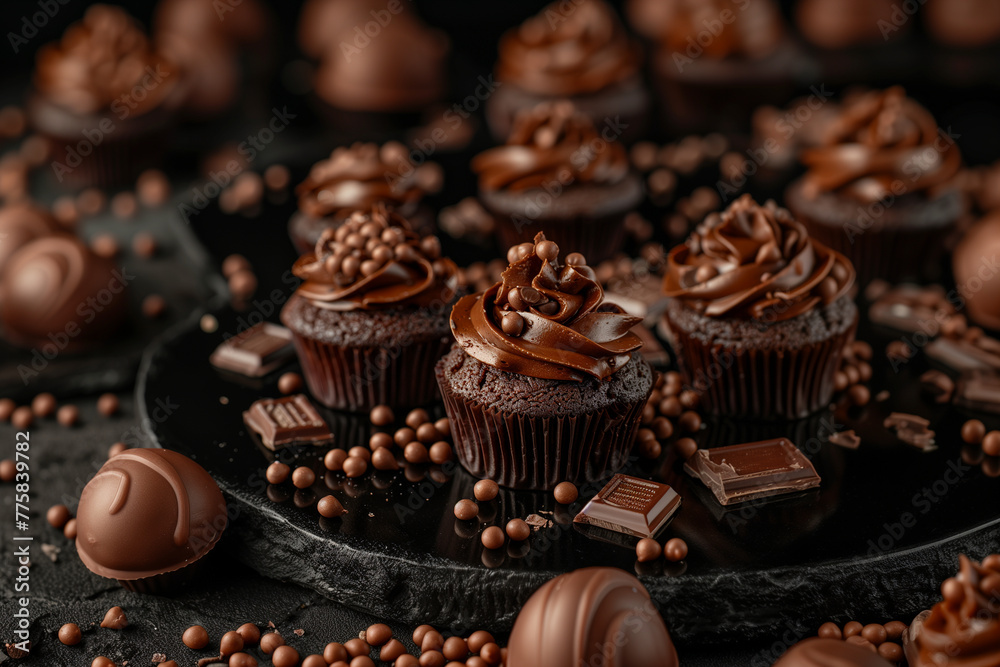 close up of tasty chocolate sweet cupcakes, delicious brownies or muffins, gourmet pastry (1)