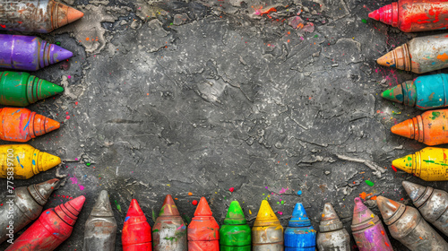A row of crayons are scattered across a gray surface. The crayons are of various colors and sizes, creating a vibrant and playful scene. Concept of creativity and imagination photo