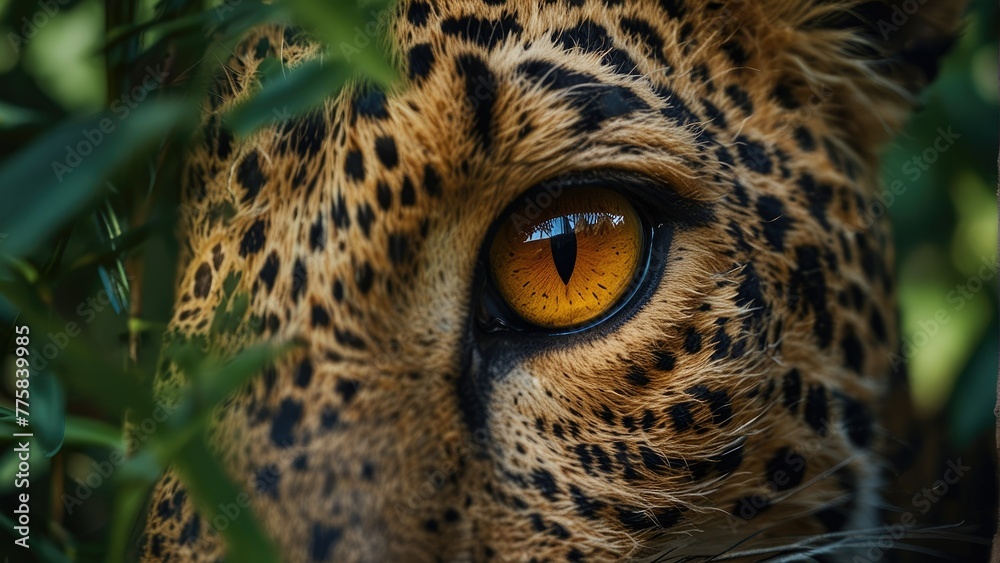 Nature's Portrait Panthera pardus Eye Amidst Lush Foliage - obrazy, fototapety, plakaty 