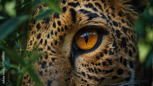 Nature's Portrait Panthera pardus Eye Amidst Lush Foliage photo