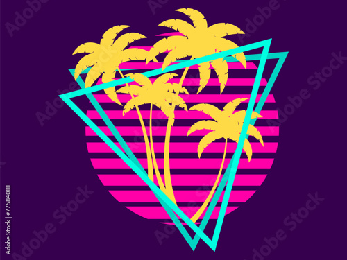 80s retro sci-fi palm trees on a sunset in triangular frame. Retro futuristic sun with palm trees. Synthwave and retrowave style. Design for advertising banners and posters. Vector illustration