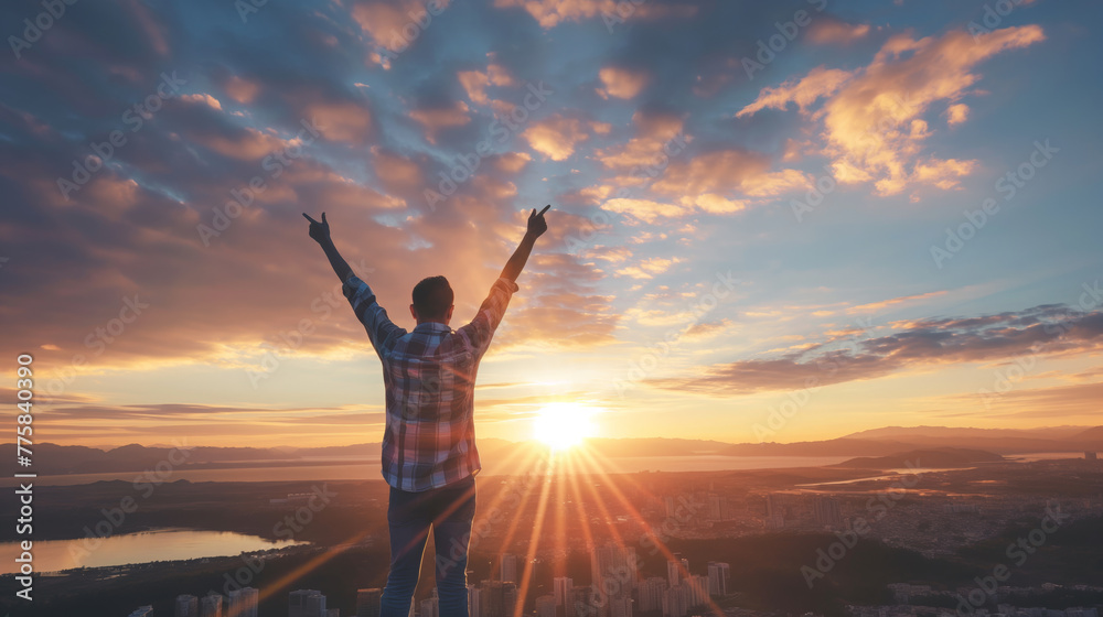 An Indian man stands atop a high place, arms raised joyfully, embracing the sunrise with distant cityscapes below