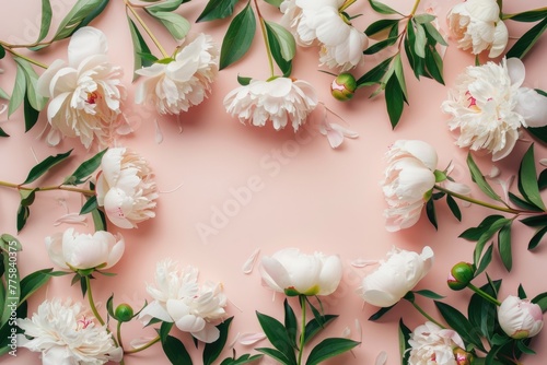 A pink background with white peonies and green leaves, overhead shot on pink background.