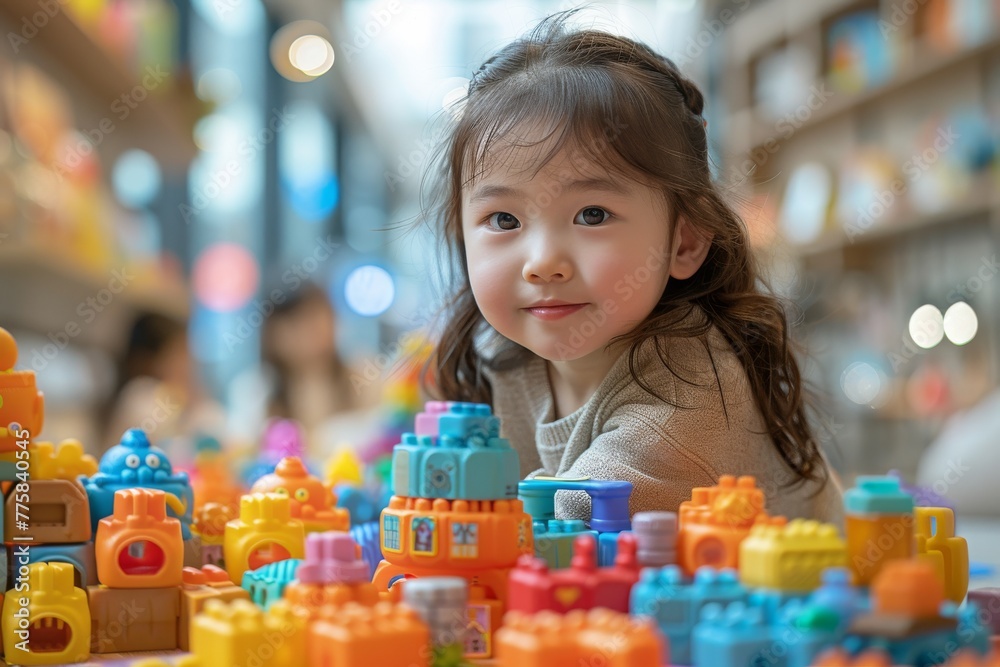 A joyful little Asian child delights in playing with a vibrant array of colorful block toys, creating a bustling town scene with boundless happiness. Generative AI. A joyful little Asian child delights in playing with a vibrant array of colorful block toys, creating a bustling town scene with boundless happiness. Generative AI.