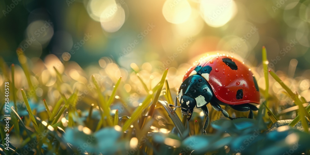 A ladybug sitting on top of a lush green field A ladybug sitting on top of a lush green field