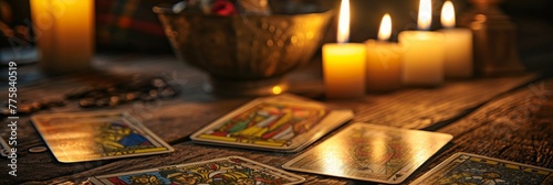 Tarot cards on a table with blurred candlelights background