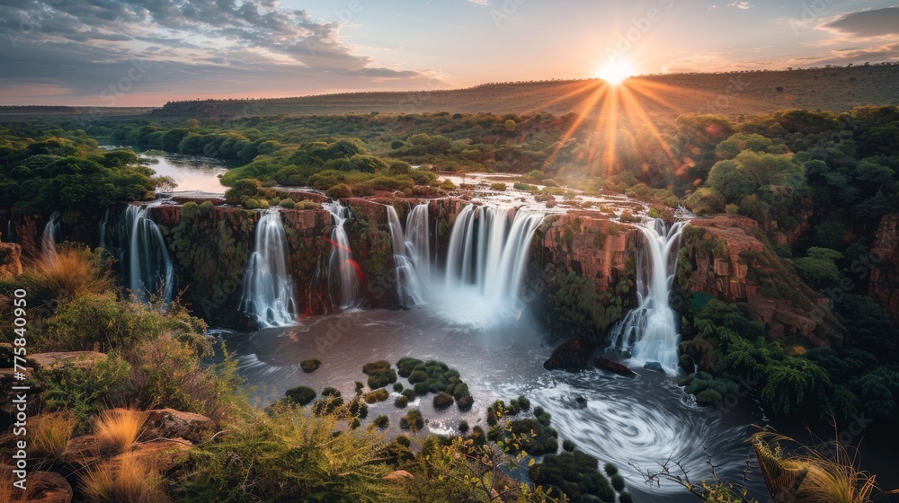 a beautiful large waterfall flows into the river at sunrise