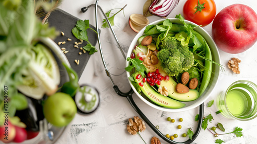 Healthy food with vegetables, nuts and fruits in bowl surrounded by apples, avocado, broccoli, red onion, pine nuts, water glass and green juice on white table next to stethoscope. Top view.