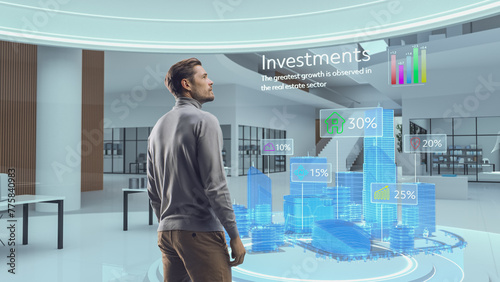 Futuristic Businessman Standing in a Virtual Space, Interacting with an Augmented Reality Hologram 3D City showing Real Estate Investment Big Data Analysis, Financial Reports, Stock Market Statistics