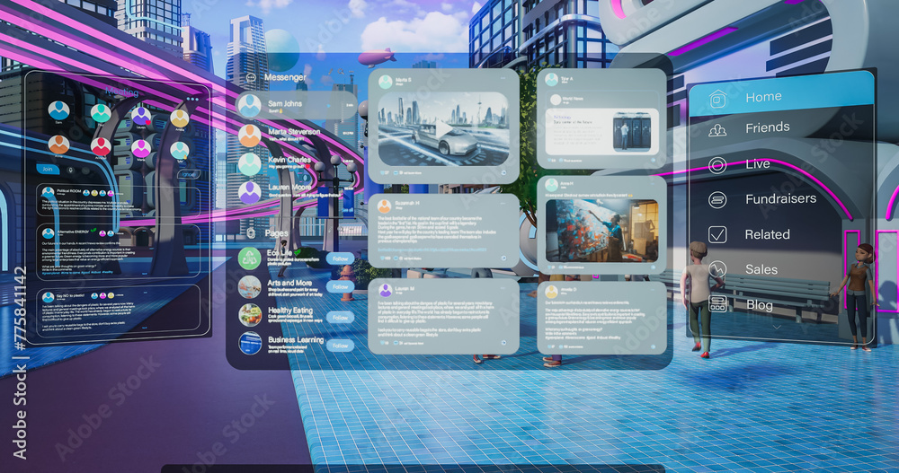 3D Render of Beautiful Digital Metaverse. Virtual Reality World With Avatars, Buildings and Nature. Person Is In Fun Colorful VR World. User Opens a Home Screen Menu with Different Holograms, Widgets. - obrazy, fototapety, plakaty 
