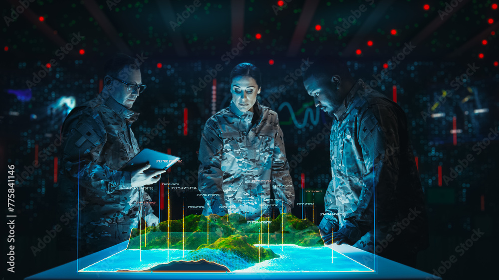 Futuristic Warfare Strategy: Military Intelligence Experts use Holographic Augmented Reality Table Map to Scan Enemy Terrain. Army Recoinessance Use 3D Surveillance Tech, Data Analysis to Win War - obrazy, fototapety, plakaty 