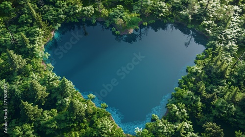 top view of heart shape lake surrounded by forest