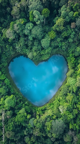 top view of heart shape lake surrounded by forest