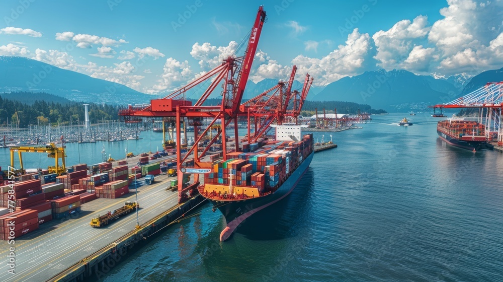 Naklejka premium huge cargo port ships loading