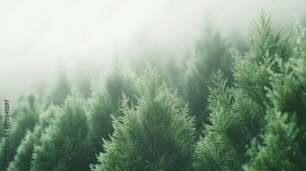 A forest of evergreen trees with a misty, foggy atmosphere. The trees are tall and green, and the mist adds a sense of mystery and serenity to the scene