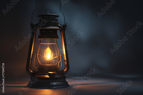 Warm light spills from a vintage metal lantern hung on a dark night, casting an antique glow photo