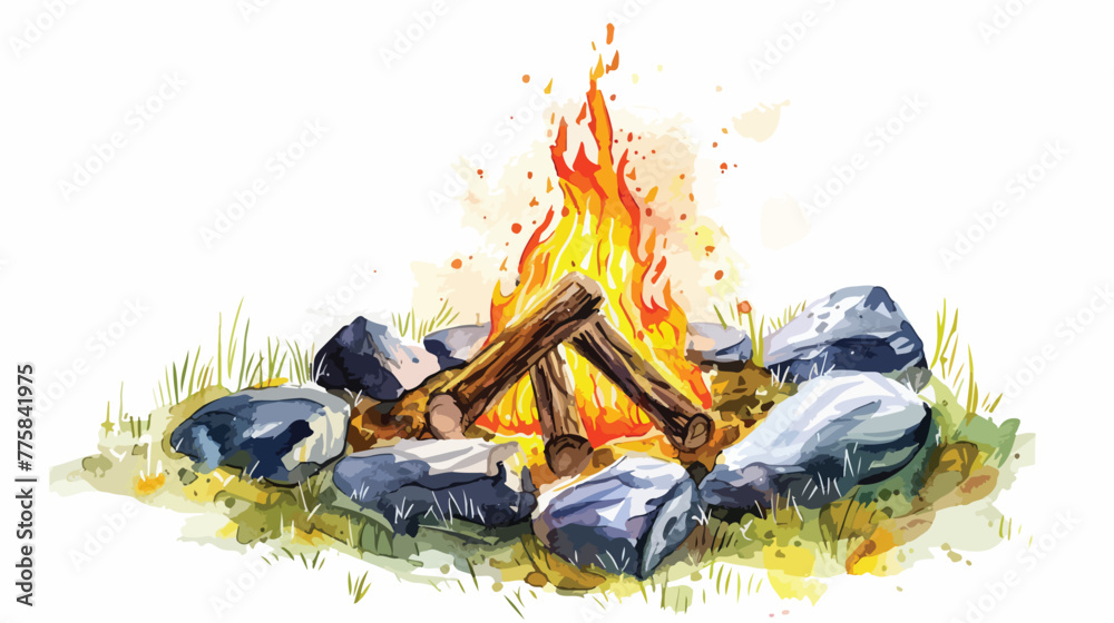 Watercolor bonfire with wood on the campfire camp pla - obrazy, fototapety, plakaty 