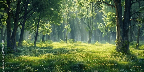 Spring forest clearing  sunlight filtering through trees  wide background 
