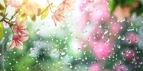 Spring rain on window, blurred flowers background, frame for text 