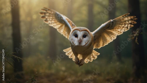 Silent Hunter Barn Owl in Flight, Capturing Wildlife Majesty in the Wild Forest