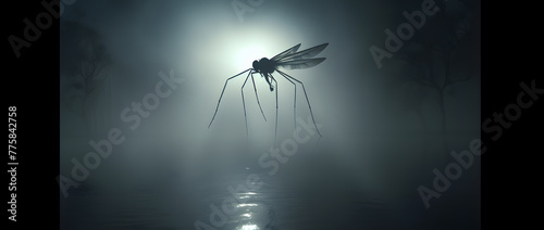 Silhouette of an mosquito with long legs and wings  on dark gray and foggy background photo