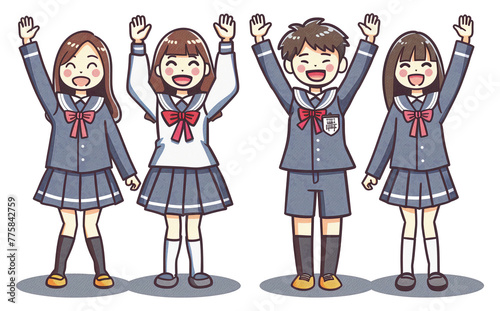 cute cartoon illustration of Japanese high school students wearing blazer uniforms cheering with their hands raised in the air