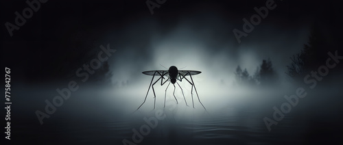 Silhouette of an mosquito with long legs and wings on dark gray and foggy background