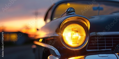 Car headlight gleaming in the twilight, close-up, the allure of the open road ahead
