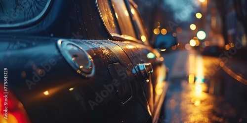 Car door handle illuminated by a streetlamp, close-up, invitation to adventure