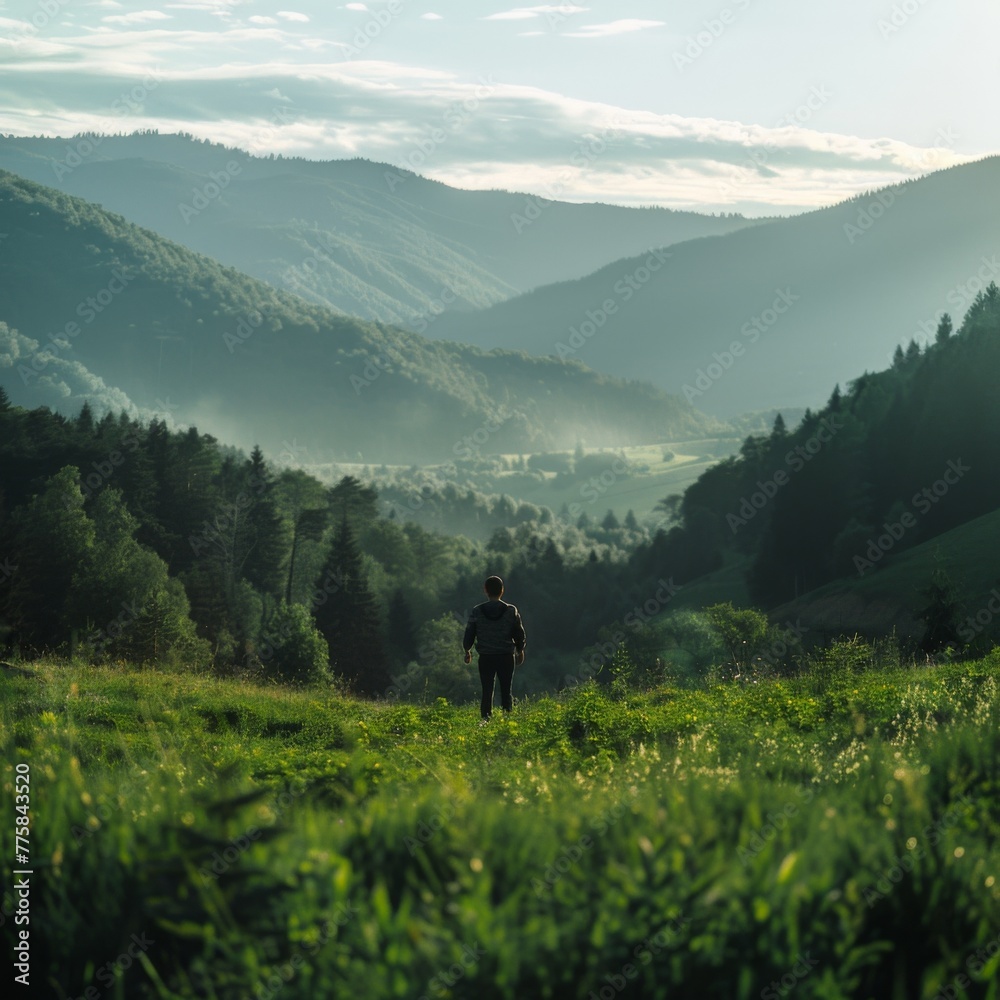 man is far away, standing in a green clearing with his back against the backdrop of mountains covered with forest. Summer, sunny day, backlight, wide angle.