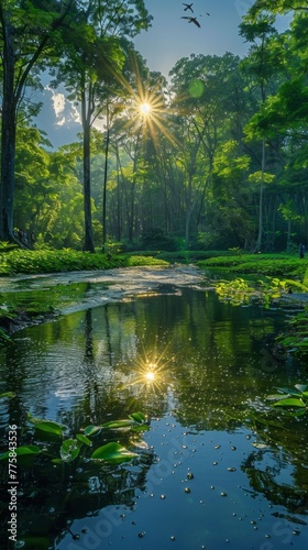 A Picturesque Lush Green Forest with a Crystal-Clear River