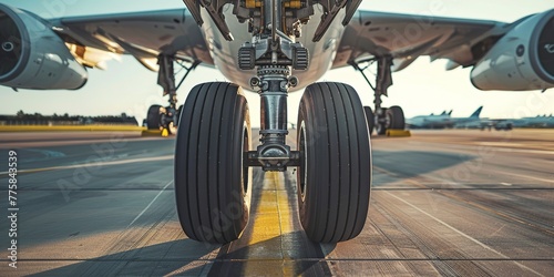 Cargo plane landing gear, close-up, clear sky background, precision and scale in air freight