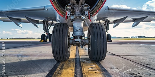 Cargo plane landing gear, close-up, clear sky background, precision and scale in air freight 