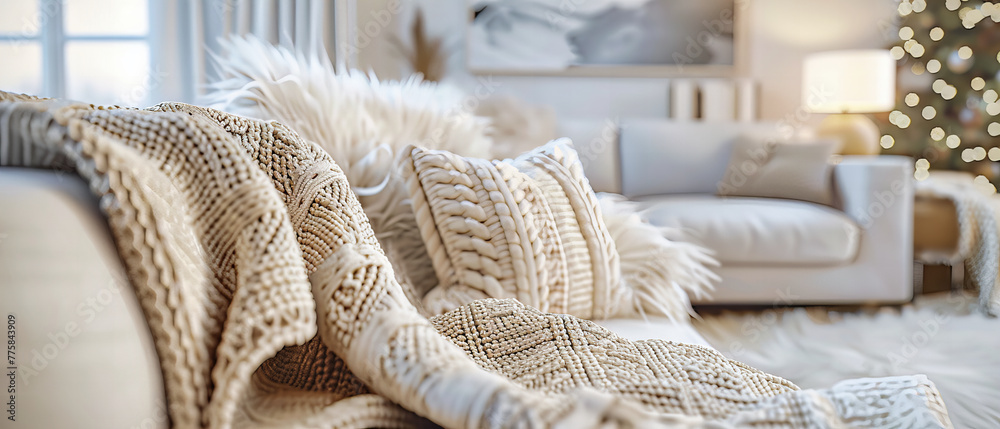 Cozy Winter Home Scene with Soft Wool Blankets and a Warm Color Palette, Emphasizing Comfort and Relaxation Cozy Winter Home Scene with Soft Wool Blankets and a Warm Color Palette, Emphasizing Comfort and Relaxation