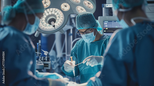 Doctors, nurses, and surgeons performing surgical operations in a well-equipped operating theater, all wearing surgical gloves, caps, and coats