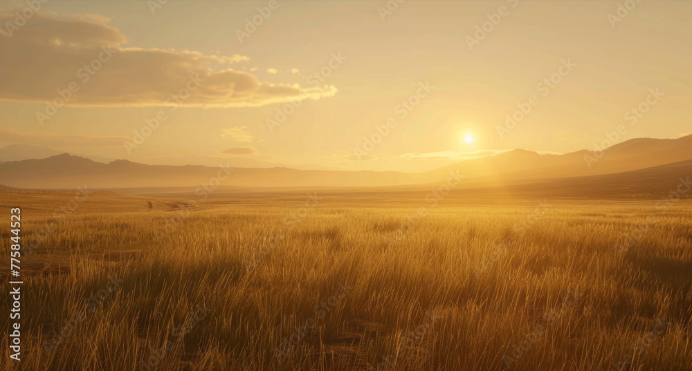 The sun sets, casting a warm glow over a grassy plain