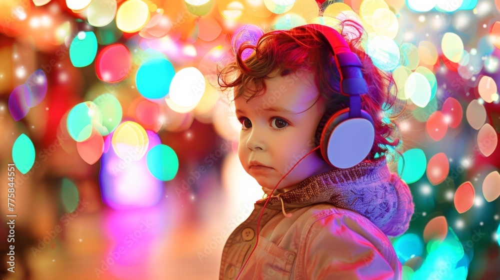 A little girl wearing headphones stands in front of a vibrant and colorful backdrop