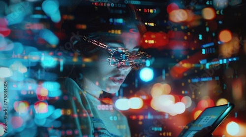 Password, coding hologram and woman on tablet thinking of data analytics, digital technology and night overlay. Programmer or IT person in glasses on 3d screen, programming and cybersecurity research