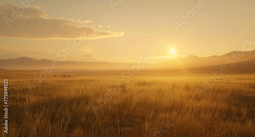 The sun sets, casting a warm glow over a grassy plain © tashechka