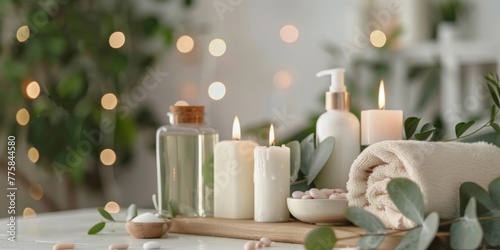 A table covered with an array of candles and bottles in a serene spa environment