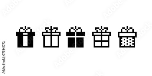 Perfect Pixel Gift Box vector icon collection. Pixel Art Gift Box sign and pictogram in retro game style. Editable pixel graphics gift boxes silhouette set isolated on white