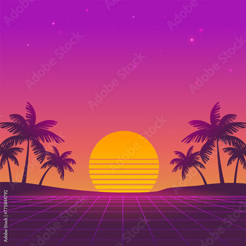Retrowave futuristic sunset landscape with pink grid background of palms silhouette on the neon beach - square vector dsgn for Synthwave music cover and  party banner design